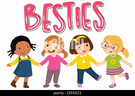 MEILLEUR AMI. BESTIES FOREVER 4 FILLES AMIS MIGNONS. VECTEUR. Illustration de Vecteur