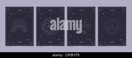 Jeu de cartes de tarot - jeu mystique ésotérique avec des symboles spirituels. Modèle de conception vectorielle, style boho Illustration de Vecteur