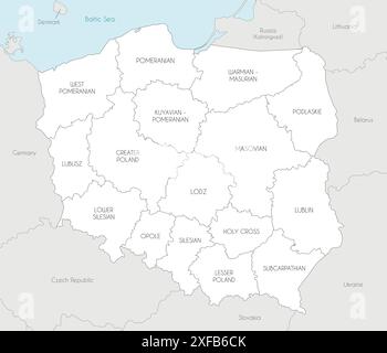 Carte vectorielle de la Pologne avec les provinces et les divisions administratives, et les pays et territoires voisins. Calques modifiables et clairement étiquetés. Illustration de Vecteur