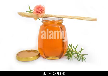 Pot de liquide, miel doux dans le peigne, pot en verre sur fond en bois, miel de fleur de pollen de nature dans une bouteille en verre, pot de miel avec du miel en bois Banque D'Images