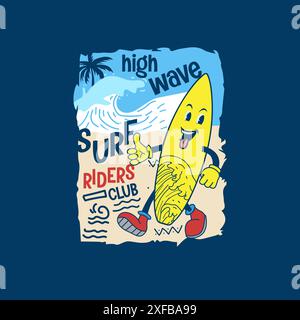 High wave surf riders typography Funny cartoon surf board design graphique Illustration de Vecteur