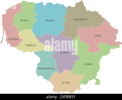 Carte régionale vectorielle de la Lituanie avec les comtés et les divisions administratives. Calques modifiables et clairement étiquetés. Illustration de Vecteur