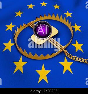 Image symbolique, réglementation UE sur l'IA, première loi mondiale, utilisation de l'IA, IA, régulation de la transparence, chatbot risqué, cybersécurité, qualité des données, synthétique Banque D'Images