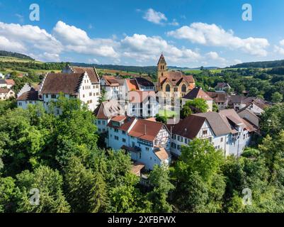 Vue aérienne du champ de fleurs, quartier de la ville sud de Baden de Tengen avec le château des champs de fleurs et l'église paroissiale de St Michael, Hegau Banque D'Images