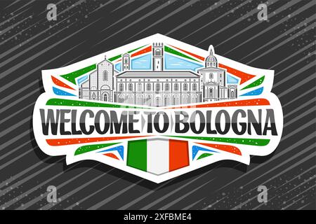 Logo vectoriel pour Bologne, signalisation décorative blanche avec illustration de ligne du célèbre paysage de ville européenne de bologne sur fond de ciel de jour, refri de design d'art Illustration de Vecteur