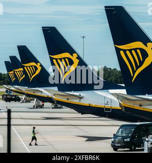 Londres Stansted, Royaume-Uni - 29 juin 2024 : une rangée d'avions appartenant à Ryanair stationnés sur le tarmac de l'aéroport de Stansted, Londres, Royaume-Uni Banque D'Images