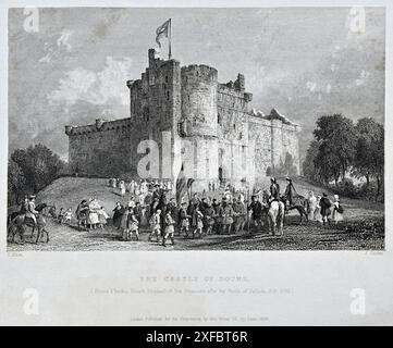 Château de Doune, Écosse, gravure vintage de 1836. Prince Charles Stuart, Bonnie Prince Charlie. Disposition de ses prisonniers après la bataille de Falkirk 1746. Banque D'Images