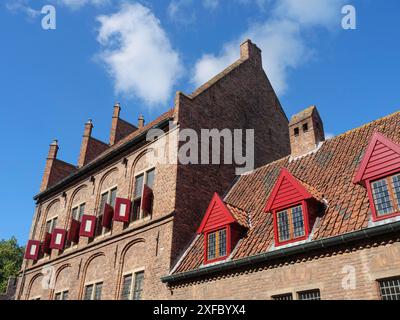 Architecture historique en briques avec des volets rouges frappants et un ciel bleu vif, zutphen, gueldre, pays-bas Banque D'Images