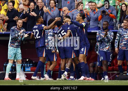 MUNICH - les pays-Bas célèbrent les 0-1 ans de Cody Gakpo lors de la manche de 16 de l'UEFA EURO 2024 entre la Roumanie et les pays-Bas à la Munich Football Arena le 2 juillet 2024 à Munich, en Allemagne. ANP MAURICE VAN STEEN pays-bas Out - belgique Out Banque D'Images