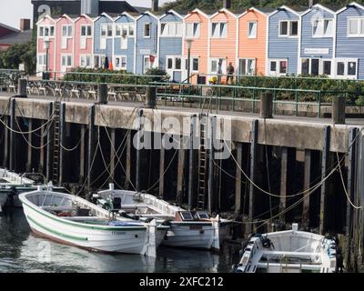 Rangées de maisons colorées au port avec des bateaux amarrés sur l'eau, helgoland, mer du Nord, allemagne Banque D'Images