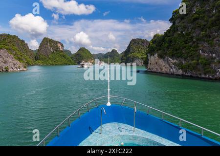 Paysage magnifique d'îles calcaires imposantes, karst calcaire, avec de l'eau émeraude dans la baie d'Halong Baie d'Ha long, Nord Vietnam, Asie en juin Banque D'Images