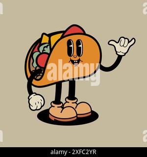 Personnage de dessin animé. Caractère rétro de taco. Mascotte de dessin animé de tuyau en caoutchouc. Élément de design pour emblème, signe, affiche, menu, carte. Illustration vectorielle Illustration de Vecteur