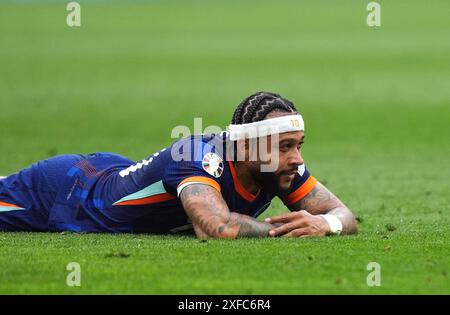 Le Néerlandais Memphis Depay réagit à une occasion manquée lors de l'UEFA Euro 2024, manche du 16e match au Munich Football Arena de Munich, en Allemagne. Date de la photo : mardi 2 juillet 2024. Banque D'Images