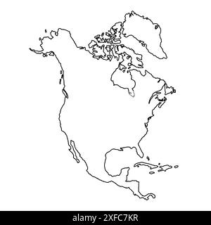 Carte dessinée à la main de l'Amérique du Nord, silhouette du continent, bordures de contour stylisées, ligne noire. Illustration de Vecteur