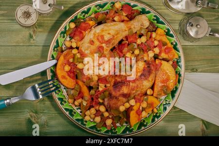 Cuisses de poulet cuites dans une sauce tomate et basilic avec pois chiches et patates douces. Banque D'Images