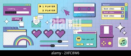 Vieux autocollants d'ordinateur esthétiques dans le style y2k. Ensemble vectoriel de boutons rétro vaporwave, cadre de message, arc-en-ciel, curseur, icônes de coeur de pixel. Écran numérique avec email, barre de chargement, boîte de connexion ou éléments pc Illustration de Vecteur