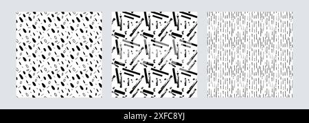 Motif vectoriel sans couture avec des tirets, des bandes de stylo et de fines lignes verticales. Éléments noirs répétés dessinés à la main, petits éléments géométriques au crayon. Texture de bruit minimaliste avec des saupoudrages dispersés, des gouttelettes Illustration de Vecteur