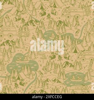 Plan de camping forestier motif de dessin de ligne sans couture Illustration de Vecteur