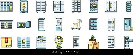 Les icônes de livraison de colis en libre-service définissent le vecteur de contour. Automate de casier. Ligne mince de la station de colis couleur plat sur blanc Illustration de Vecteur