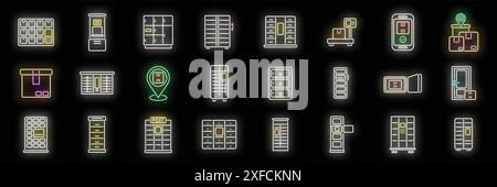 Les icônes de livraison de colis en libre-service définissent le vecteur de contour. Automate de casier. Station colis couleur néon sur noir Illustration de Vecteur