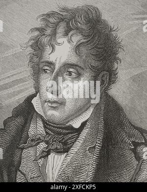 François-René, vicomte de Châteaubriand (1768-1848). Écrivain et diplomate français. Gravure de Carbonneau d'après un portrait d'Anne Louis Girodet de Roucy-Trioson. Détail. 'Los Héroes y las Grandezas de la Tierra' (les héros et les grandeurs de la Terre). Volume VIII 1856. Banque D'Images