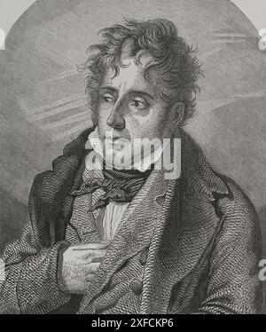 François-René, vicomte de Châteaubriand (1768-1848). Écrivain et diplomate français. Gravure de Carbonneau d'après un portrait d'Anne Louis Girodet de Roucy-Trioson. 'Los Héroes y las Grandezas de la Tierra' (les héros et les grandeurs de la Terre). Volume VIII 1856. Banque D'Images