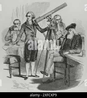 Astrologie et astronomie. Zacharias Janssen (1585-1632) et ses lentilles, Galileo Galilei (1564-1642) et ses lunettes, Isaac Newton (1642-1727) et William Herschel (1738-1822) avec leurs télescopes. Dessin de G. Janet. Gravure de P. Perrichon. 'Los Héroes y las Grandezas de la Tierra' (les héros et les grandeurs de la Terre). Volume VIII 1856. Banque D'Images