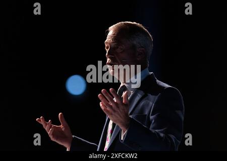 Nigel Farage, leader du parti au « rassemblement pour la réforme » au NEC de Birmingham, la plus grande réunion de masse du leader de la réforme britannique de la campagne le dimanche 30 juin 2024 Banque D'Images