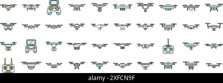 Les icônes de vidéographie aérienne définissent le vecteur de contour. Drone caméra. Aero filmant la couleur de ligne mince plat sur blanc Illustration de Vecteur