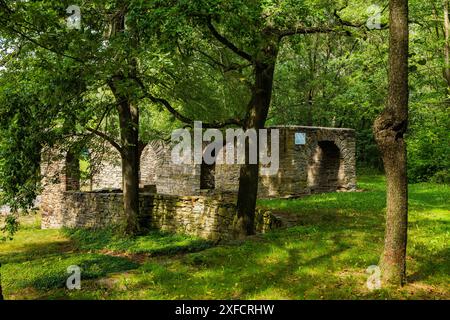 Halsbrücke Ein Kahnhebehaus ist ein Abstiegsbauwerk als ältere Form des Schiffshebewerks. In Kanälen, die Höhenunterschiede in der Landschaft zu überwinden hatten, wurden Kahnhebehäuser mit Flaschenzügen und Laufkatzen genutzt, um die Kähne von einem auf ein anderes niveau zu heben bzw. Zu senken, was mit Muskelkraft erfolgte. Halsbrücke Sachsen Deutschland *** Halsbrücke Un ascenseur de barge est une structure de descente comme une forme plus ancienne d'ascenseur de navire dans les canaux qui devaient surmonter les différences de hauteur dans le paysage, des ascenseurs de barge avec des poulies et des chariots ont été utilisés pour élever ou abaisser les barges Banque D'Images