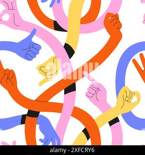 Longues mains sans couture. Bras humains multicolores drôles, membres incurvés répétés entrelacés, gestes différents, imprimé tissu contemporain. Emballage Illustration de Vecteur