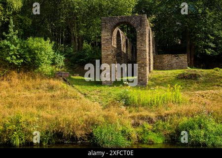 Halsbrücke Ein Kahnhebehaus ist ein Abstiegsbauwerk als ältere Form des Schiffshebewerks. In Kanälen, die Höhenunterschiede in der Landschaft zu überwinden hatten, wurden Kahnhebehäuser mit Flaschenzügen und Laufkatzen genutzt, um die Kähne von einem auf ein anderes niveau zu heben bzw. Zu senken, was mit Muskelkraft erfolgte. Halsbrücke Sachsen Deutschland *** Halsbrücke Un ascenseur de barge est une structure de descente comme une forme plus ancienne d'ascenseur de navire dans les canaux qui devaient surmonter les différences de hauteur dans le paysage, des ascenseurs de barge avec des poulies et des chariots ont été utilisés pour élever ou abaisser les barges Banque D'Images