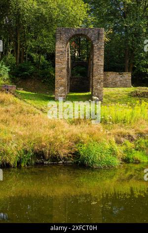 Halsbrücke Ein Kahnhebehaus ist ein Abstiegsbauwerk als ältere Form des Schiffshebewerks. In Kanälen, die Höhenunterschiede in der Landschaft zu überwinden hatten, wurden Kahnhebehäuser mit Flaschenzügen und Laufkatzen genutzt, um die Kähne von einem auf ein anderes niveau zu heben bzw. Zu senken, was mit Muskelkraft erfolgte. Halsbrücke Sachsen Deutschland *** Halsbrücke Un ascenseur de barge est une structure de descente comme une forme plus ancienne d'ascenseur de navire dans les canaux qui devaient surmonter les différences de hauteur dans le paysage, des ascenseurs de barge avec des poulies et des chariots ont été utilisés pour élever ou abaisser les barges Banque D'Images