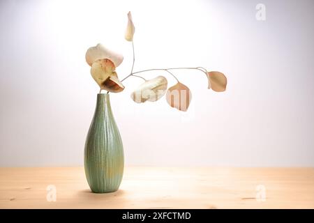 Nature morte minimale avec un vase en céramique vert olive et une branche d'eucalyptus sec avec des feuilles brun rougeâtre sur une table en bois, bac gris clair aux tons chauds Banque D'Images