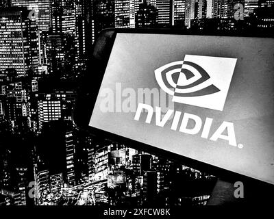San Francisco, Californie, États-Unis. 2 juillet 2024. Logo NVIDIA avec l'horizon de Tokyo derrière. NVIDIA Corporation est une société technologique connue pour la conception d'unités de traitement graphique (GPU) et de technologies connexes. Jensen Huang est le PDG, et le ticker boursier est NVDA. Les produits de base incluent les GPU GeForce, les cartes graphiques Quadro et les solutions NVIDIA ai. NVIDIA est un leader de l'informatique visuelle et s'est développé dans les applications d'IA, de datacenter et d'automobile avec ses technologies innovantes. (Crédit image : © Taidgh Barron/ZUMA Press Wire) USAGE ÉDITORIAL SEULEMENT! Non destiné à UN USAGE commercial ! Banque D'Images