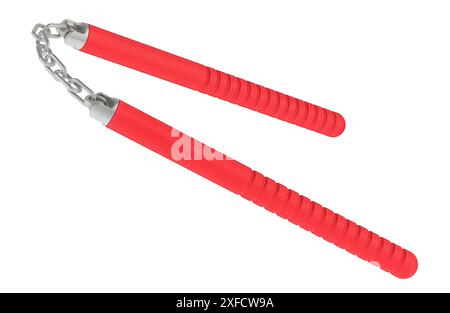 Nunchaku avec poignées en bois. Rendu 3D isolé sur fond blanc Banque D'Images
