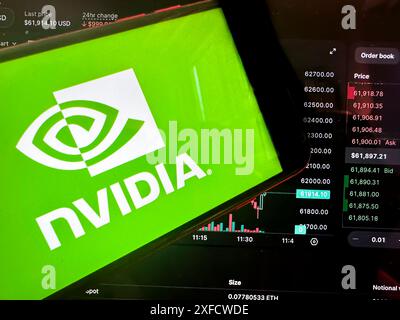 San Francisco, Californie, États-Unis. 2 juillet 2024. Logo NVIDIA avec un écran de trading Bitcoin en arrière-plan. NVIDIA Corporation est une société technologique connue pour la conception d'unités de traitement graphique (GPU) et de technologies connexes. Jensen Huang est le PDG, et le ticker boursier est NVDA. Les produits de base incluent les GPU GeForce, les cartes graphiques Quadro et les solutions NVIDIA ai. NVIDIA est un leader de l'informatique visuelle et s'est développé dans les applications d'IA, de datacenter et d'automobile avec ses technologies innovantes. (Crédit image : © Taidgh Barron/ZUMA Press Wire) USAGE ÉDITORIAL SEULEMENT! Pas pour Co Banque D'Images