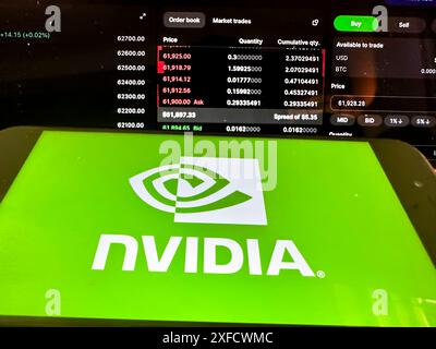 San Francisco, Californie, États-Unis. 2 juillet 2024. Logo NVIDIA avec un écran de trading Bitcoin en arrière-plan. NVIDIA Corporation est une société technologique connue pour la conception d'unités de traitement graphique (GPU) et de technologies connexes. Jensen Huang est le PDG, et le ticker boursier est NVDA. Les produits de base incluent les GPU GeForce, les cartes graphiques Quadro et les solutions NVIDIA ai. NVIDIA est un leader de l'informatique visuelle et s'est développé dans les applications d'IA, de datacenter et d'automobile avec ses technologies innovantes. (Crédit image : © Taidgh Barron/ZUMA Press Wire) USAGE ÉDITORIAL SEULEMENT! Pas pour Co Banque D'Images