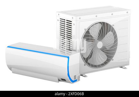 Climatiseur Split System avec unité murale intérieure et unité de compresseur extérieure, rendu 3D isolé sur fond blanc Banque D'Images