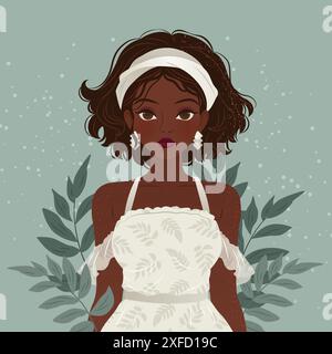 Portrait d'une jeune femme en robe blanche. Illustration de Vecteur