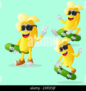 Ensemble de personnages de banane mignons skateboard. Parfait pour les enfants, la marchandise et l'autocollant, la promotion de bannière ou le blog Illustration de Vecteur