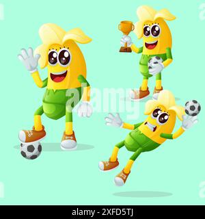 Ensemble de personnages de banane mignons jouant au football. Parfait pour les enfants, la marchandise et l'autocollant, la promotion de bannière ou le blog Illustration de Vecteur