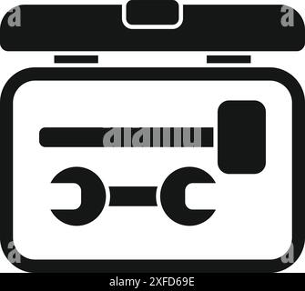 Icône de boîte à outils noir et blanc avec un marteau et une clé à l'intérieur, représentant des outils pour la réparation et l'entretien Illustration de Vecteur