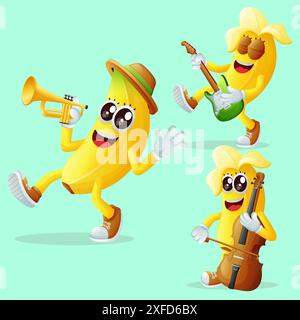 Ensemble de personnages de banane mignons jouant des instruments de musique. Parfait pour les enfants, la marchandise et l'autocollant Illustration de Vecteur