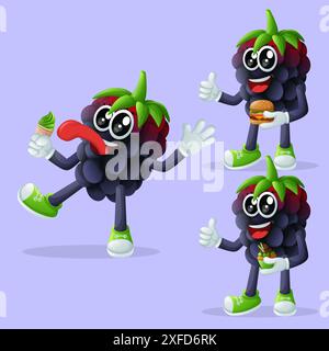 Ensemble de personnages mignons de blackberry appréciant la nourriture. Parfait pour les enfants, la marchandise et l'autocollant, la promotion de bannière ou le blog Illustration de Vecteur