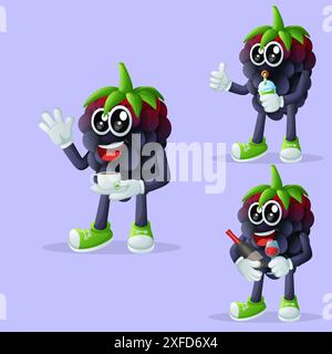Ensemble de personnages mignons de blackberry appréciant des boissons. Parfait pour les enfants, la marchandise et l'autocollant, la promotion de bannière ou le blog Illustration de Vecteur