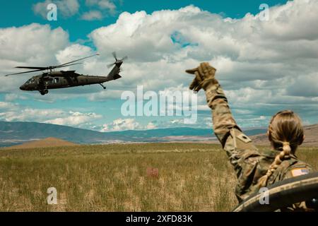 Les spécialistes de l'approvisionnement en pétrole de l'armée américaine avec le 1er Bataillon, le 168e Bataillon d'aviation de soutien général, le 96e Aviation Troop Command, la Garde nationale de Washington, ravitaillent un hélicoptère UH-60 Black Hawk au point d'armement et de ravitaillement avant (FARP) pendant la formation annuelle au centre de formation de Yakima, Washington, le 16 juin 2024. Le FARP ressemble à une station-service complète pour hélicoptères militaires où le personnel au sol peut ravitailler un avion en quelques minutes, sans avoir à arrêter le moteur. (Photo de la Garde nationale de l'armée américaine par le sergent d'état-major Adeline Witherspoon) Banque D'Images