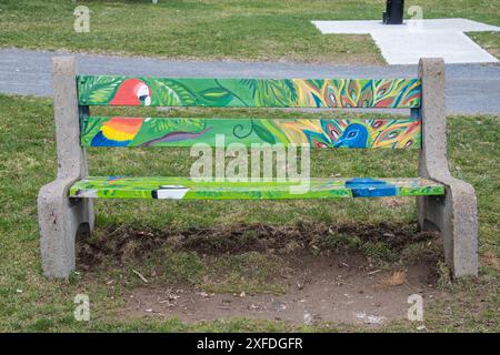 Murale perroquet et paon sur un banc au bord de la rivière nord à Fredericton, Nouveau-Brunswick, Canada Banque D'Images