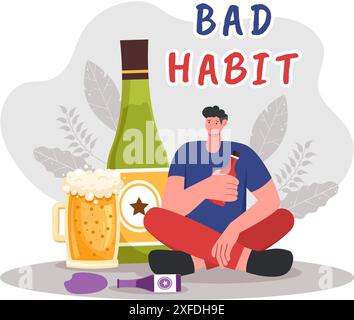 Illustration vectorielle de mauvaises habitudes mettant en vedette des modes de vie malsains tels que manger de la restauration rapide ou boire de l'alcool dans un fond de dessin animé plat Illustration de Vecteur