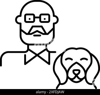 Homme âgé et chien heureux. Propriétaire d'un animal de compagnie senior. Compagnie d'animaux. Icône vectorielle Pixel Perfect Illustration de Vecteur